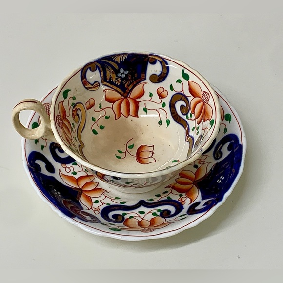 19th Century Antique Gaudy Welsh Crest Pattern Teacup & Saucer Set - Picture 15 of 16